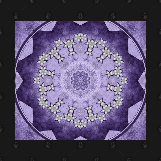 Silver flowers on deep purple textured mandala disc by hereswendy