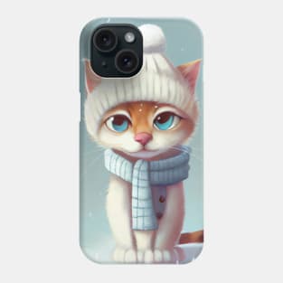 Cute Cat with a Scarf and Hat in Winter Scenery Phone Case