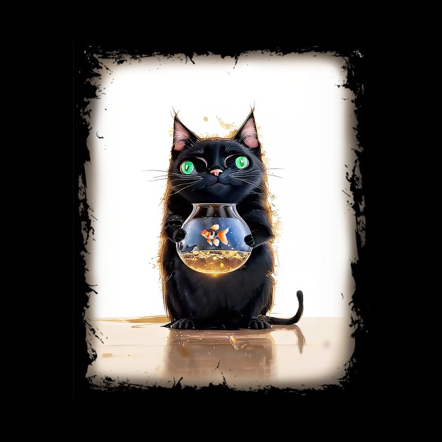 Black Cat Holding a Goldfish in a Fish Bowl by candiscamera