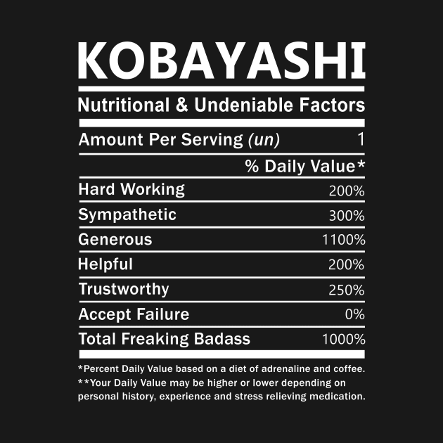 Kobayashi Name T Shirt - Kobayashi Nutritional and Undeniable Name Factors Gift Item Tee by nikitak4um