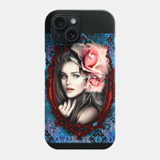 Red Frame Bright Pink Roses Portrait Beautiful Girls Artwork, Digital Art Phone Case