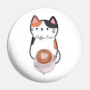 Coffee Time Cute Calico Cat Pin