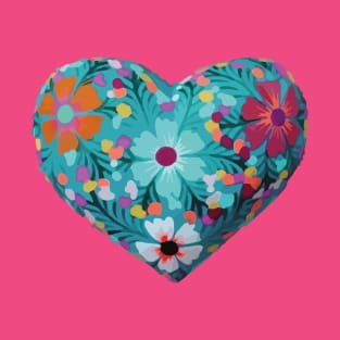 Mexican wooden heart oaxacan wood carving hand painted flower milagrito turquoise hot pink folk art interior design decoration T-Shirt