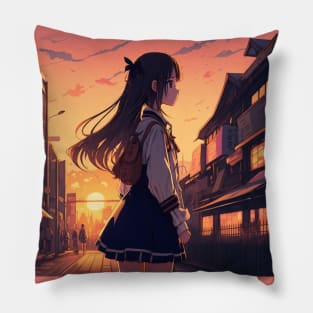 Enchanting Anime Sunset: Sailor Schoolgirl's Downtown Stroll Pillow