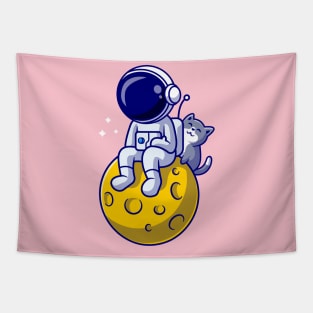 Astronaut And Cute Cat Cartoon Tapestry