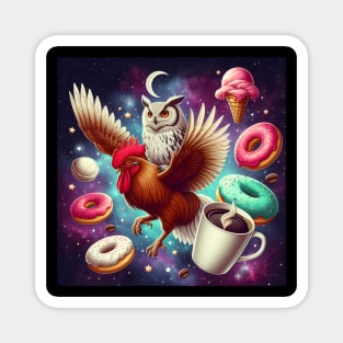 Outer Space Owl Riding Chicken Unicorn - Donuts Magnet