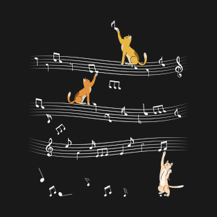 Three Cats Playing On Musical Notes Musician T-Shirt