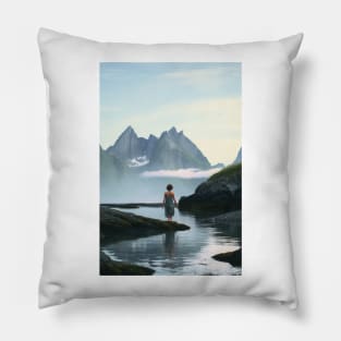 Girl in a Mountain Lake Pillow