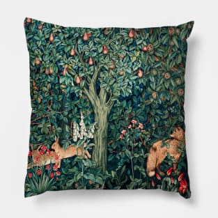 GREENERY, FOREST ANIMALS Fox and Hares Blue Green Floral Tapestry Pillow