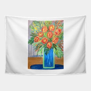 Some lovely abstract roses and mixed flowers. In a metallic turquoise and blue vases Tapestry