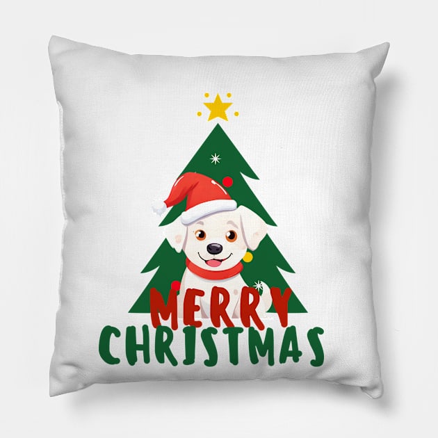 Cute White Dog with Christmas trees Merry Christmas ,brafdesign Pillow by Brafdesign