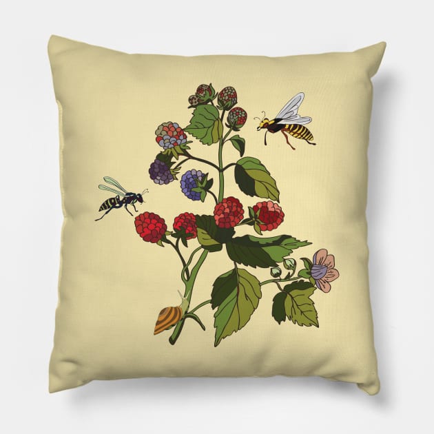 Botanical illustration a plant with berries and a wasp Pillow by EEVLADA