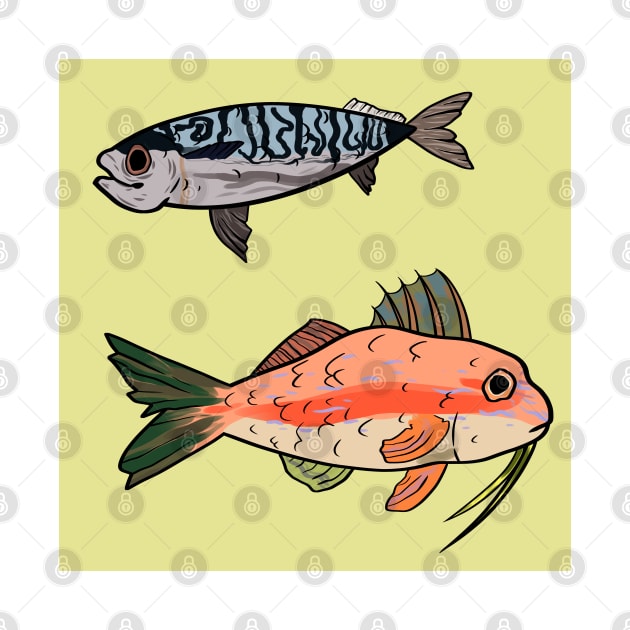 Mackerel and Goatfish on Yellow by VazMas Design