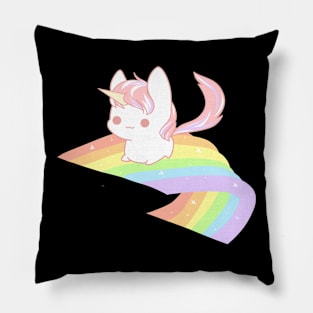 Cute pink fluffy unicorn on a pastel rainbow Pillow