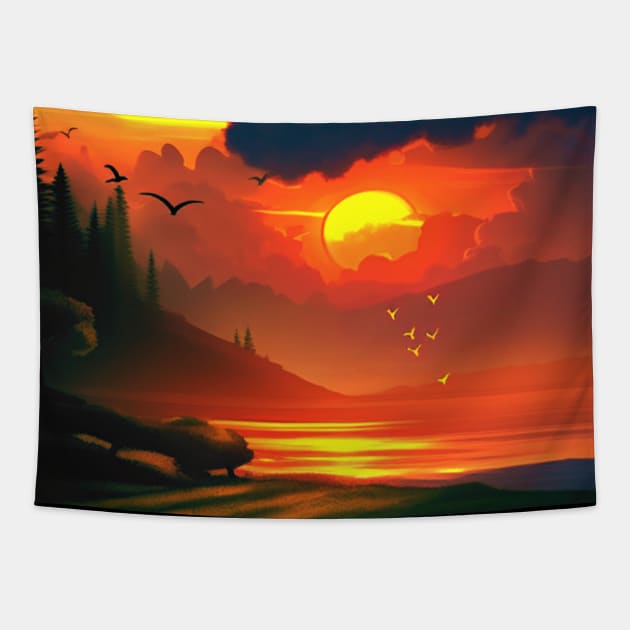 Mountain Lake Summer Sunset Digital Art (MD23SMR011) Tapestry by Maikell Designs