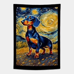 Cute Dachshund Painting Dog Breed in a Van Gogh Starry Night Art Style Tapestry