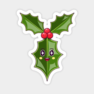 Cartoon Kawaii Holly Leaf with Star Strucking Face Magnet