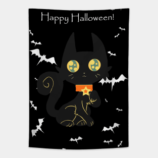 "Happy Halloween" Star Collar Black Cat Tapestry