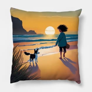 child playing with a dog on the beach. Pillow