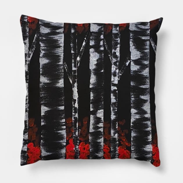 Black Birch Trees with Red Leaves Pillow by J&S mason