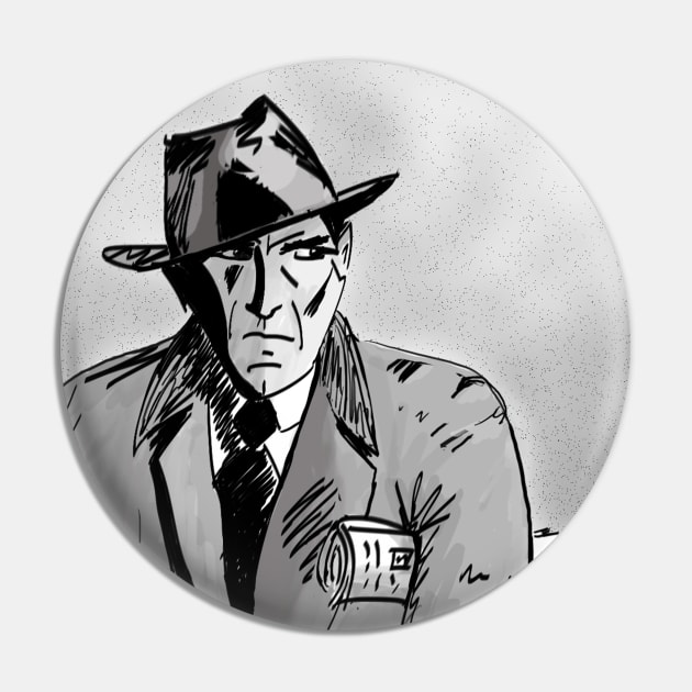 Film Noir Character with Hat, Coat and Paper on a Grey Day Pin by ibadishi