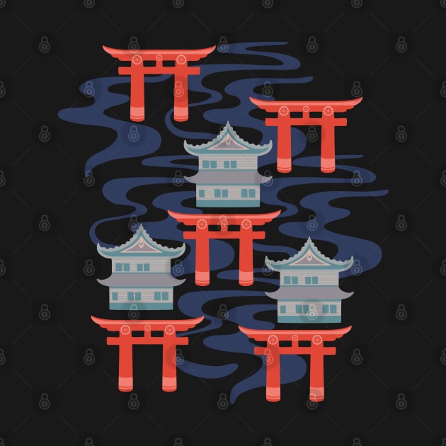 EDO Traditional Japanese Castles and Oriental Japan Torii Gates with Flowing River in Traditional Palette Blush Rust Blue Gray - UnBlink Studio by Jackie Tahara by UnBlink Studio by Jackie Tahara