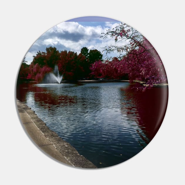 Fantasy Nature Scene with Pink Leaves and Grass Reflecting in the Water - Loose Park Kansas City Pin by Zen Goat 