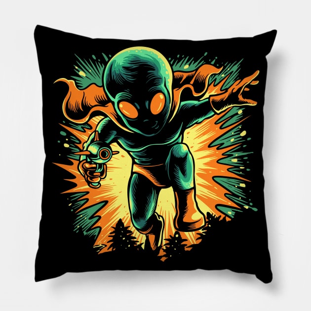 Retro Martian Alien on the Attack with his Ray Gun Pillow by SLAG_Creative