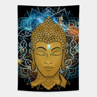 Buddha in the Galaxy Golden Face Tapestry