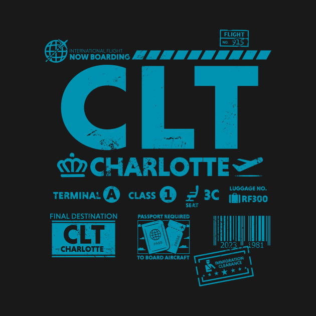 Vintage Charlotte CLT Airport Code Travel Day Retro Travel Tag by Now Boarding