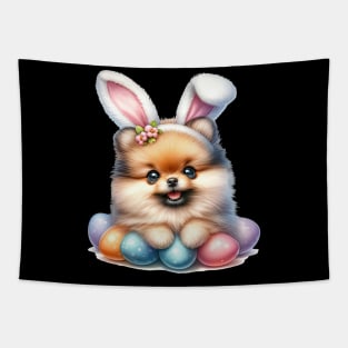 Puppy Pomeranian Bunny Ears Easter Eggs Happy Easter Day Tapestry