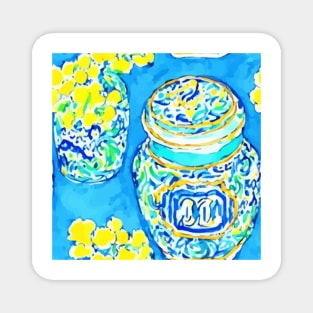 Mimosa and chinoiserie jars on turquoise Magnet