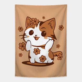 Smiling Cat with Flowers Tapestry