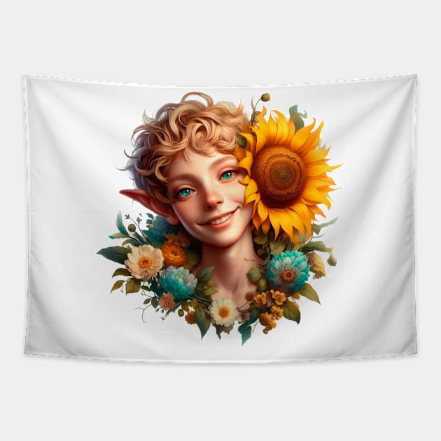 smiling elf with showy flowering sunflower Tapestry by Marccelus