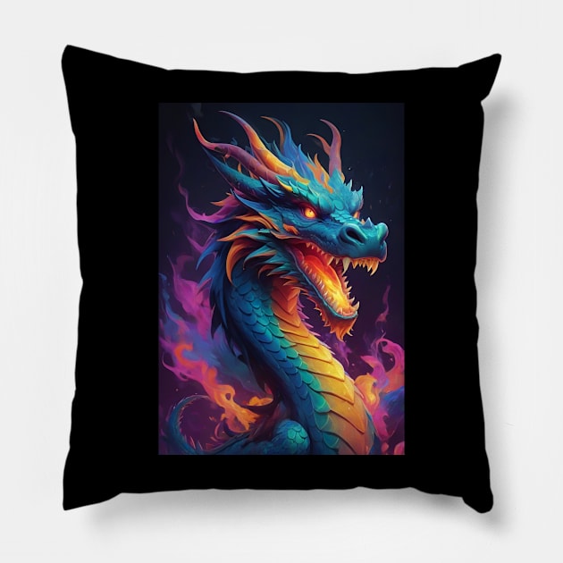 Fierce Dragon Head and Neck with Colour Designs Pillow by Rossie Designs