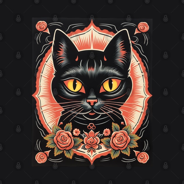 Vintage Retro Black Cat Roses by AI Art Originals