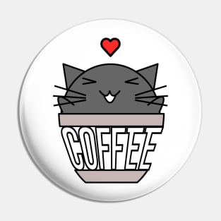 Happy cat in coffee cup with warped text heart on head black Pin