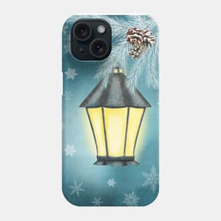 Antique streetlamps watercolor illustration. Winter snowflakes fantasy background. Vintage streetlights. Spruce tree branches Phone Case