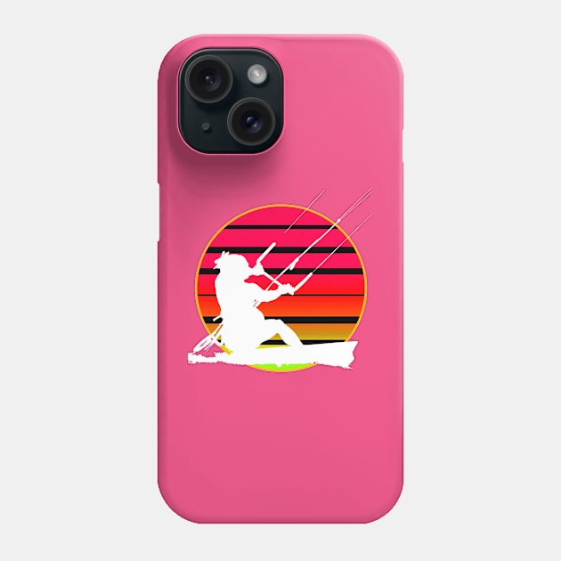 Retro Sunset KiteSurfer Riding A Wave White Silhouette Phone Case by taiche