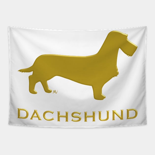 Coarsehaired Dachshund silhouette with text golden color Tapestry by mariauusivirtadesign