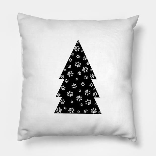 Doodle white paw prints with black Christmas tree Pillow by GULSENGUNEL