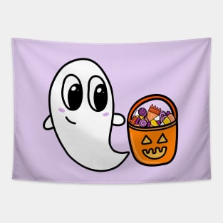 Cute Ghost with Trick or Treat Candy Bucket, made by EndlessEmporium Tapestry