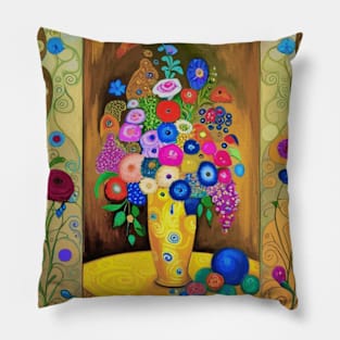 Modern Still Life Painting After Klimt with Flowers in a Gold Vase Pillow