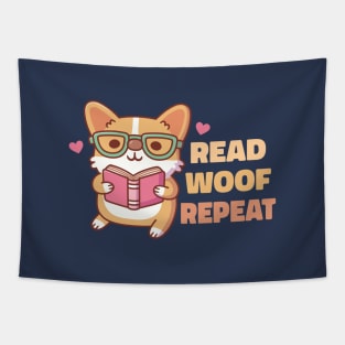 Cute Corgi With Glasses Read Woof Repeat Tapestry