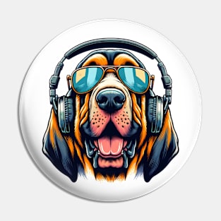 Grinning Bloodhound as Smiling DJ with Headphones Pin