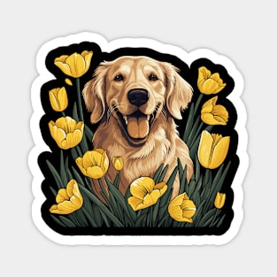 A Golden Retriever surrounded with Daffodils, illustration Magnet