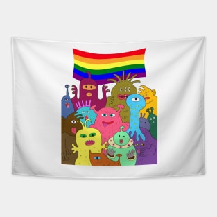 Halloween gay pride celebration. Group of cute alien monsters with lgbtq rainbow flag. Tapestry