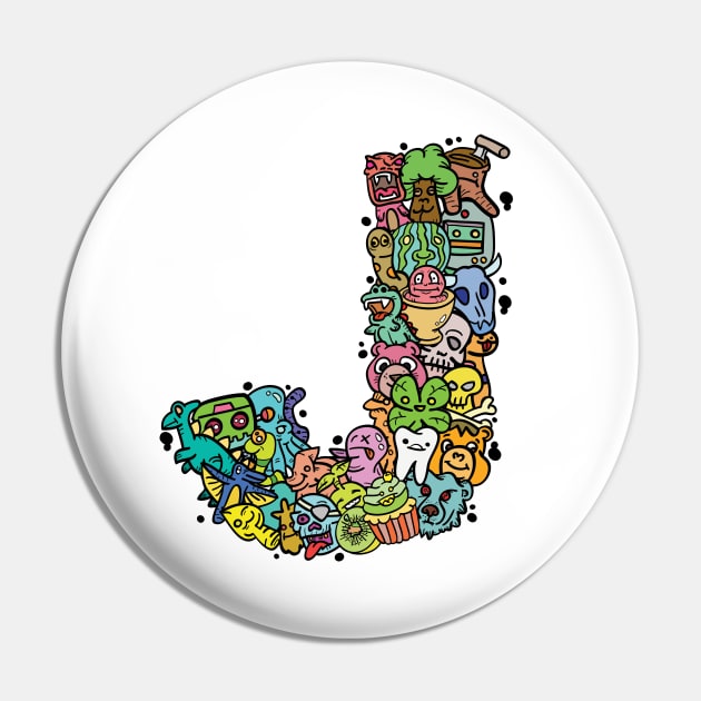 Alphabet Monster Doodle Letter J Monogram Pin by Irene Koh Studio