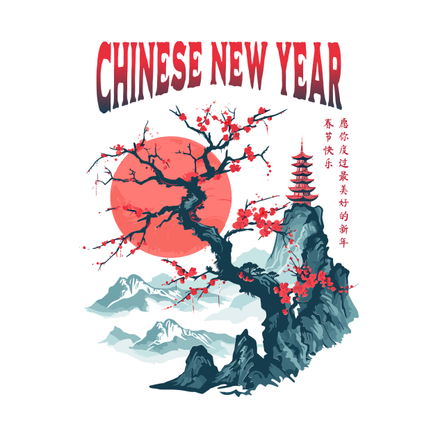 Chinese New Year Tee in Blue & Red Plum Blossom Tee by YUED