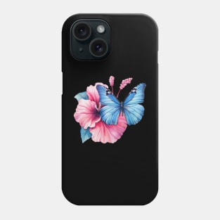 Blue Butterfly on Pink Hibiscus Watercolor Phone Case